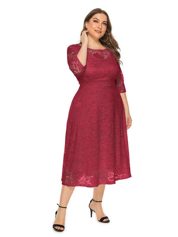 Cocktail Dresses- Cocktail Curvy Tea-length Lace Dress- - IndioGear Women Clothing