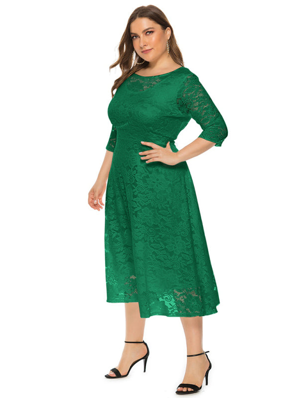 Cocktail Dresses- Cocktail Curvy Tea-length Lace Dress- - IndioGear Women Clothing