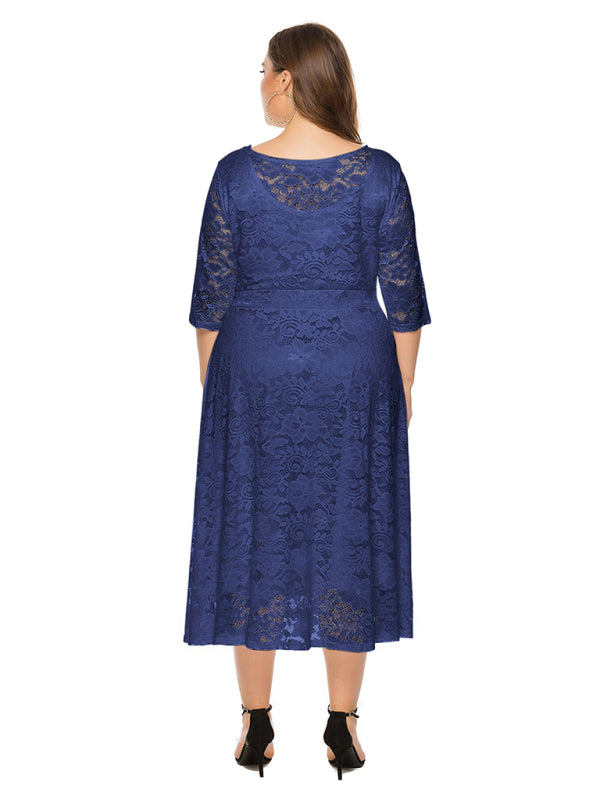 Cocktail Dresses- Cocktail Curvy Tea-length Lace Dress- - IndioGear Women Clothing