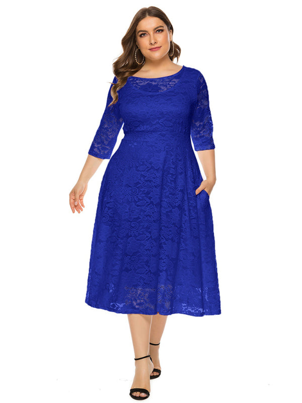 Cocktail Dresses- Cocktail Curvy Tea-length Lace Dress- - IndioGear Women Clothing