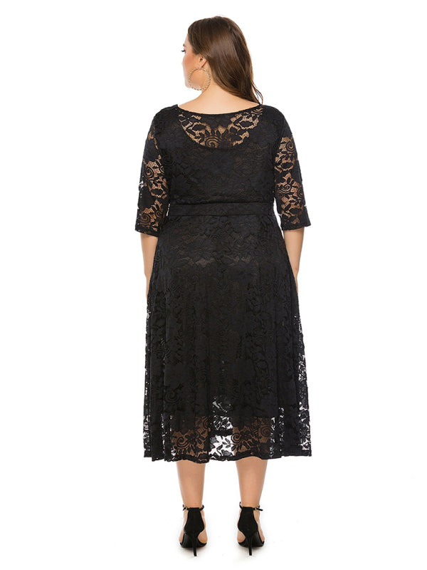 Cocktail Dresses- Cocktail Curvy Tea-length Lace Dress- - IndioGear Women Clothing