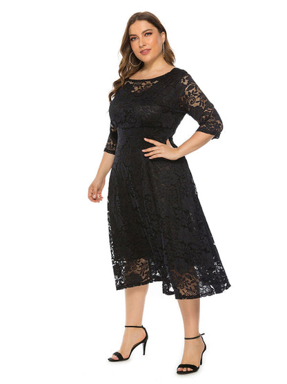 Cocktail Dresses- Cocktail Curvy Tea-length Lace Dress- - IndioGear Women Clothing