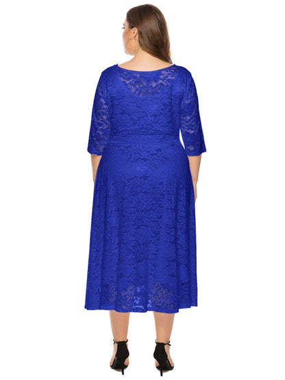 Cocktail Dresses- Cocktail Curvy Tea-length Lace Dress- - IndioGear Women Clothing