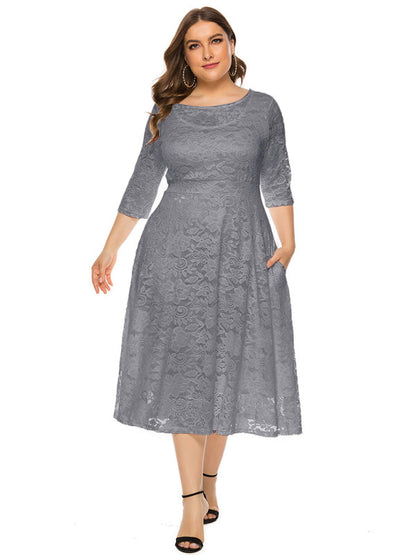 Cocktail Dresses- Cocktail Curvy Tea-length Lace Dress- - IndioGear Women Clothing