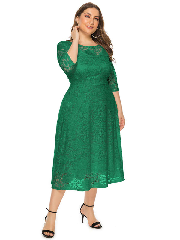 Cocktail Dresses- Cocktail Curvy Tea-length Lace Dress- Green- IndioGear Women Clothing