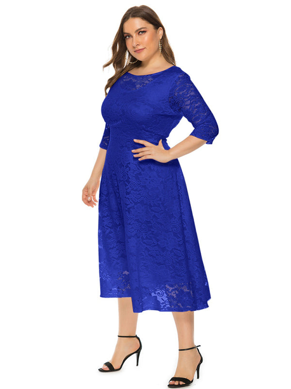 Cocktail Dresses- Cocktail Curvy Tea-length Lace Dress- - IndioGear Women Clothing