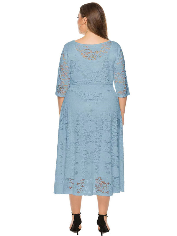 Cocktail Dresses- Cocktail Curvy Tea-length Lace Dress- - IndioGear Women Clothing