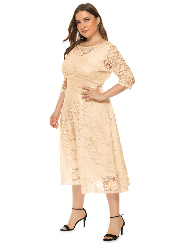 Cocktail Dresses- Cocktail Curvy Tea-length Lace Dress- - IndioGear Women Clothing