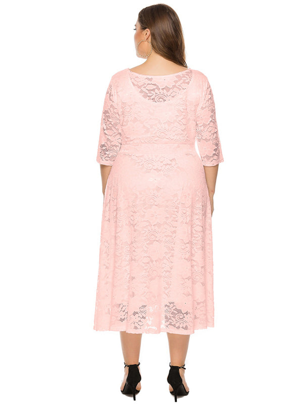 Cocktail Dresses- Cocktail Curvy Tea-length Lace Dress- - IndioGear Women Clothing