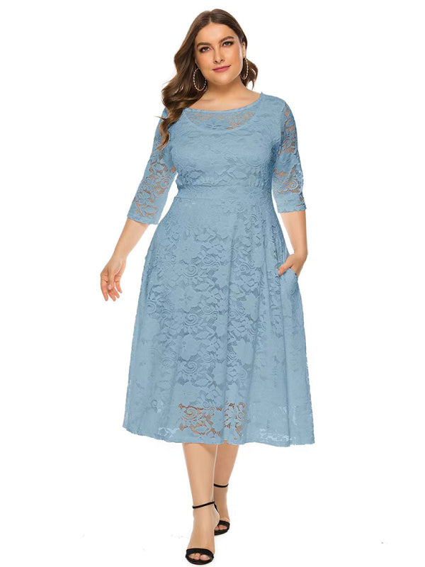 Cocktail Dresses- Cocktail Curvy Tea-length Lace Dress- - IndioGear Women Clothing