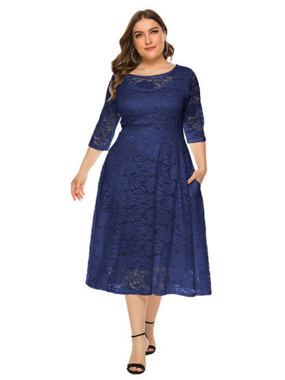 Cocktail Dresses- Cocktail Curvy Tea-length Lace Dress- Champlain color- IndioGear Women Clothing