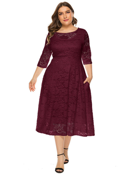 Cocktail Dresses- Cocktail Curvy Tea-length Lace Dress- Dark Red- IndioGear Women Clothing