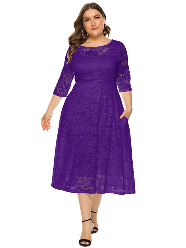 Cocktail Dresses- Cocktail Curvy Tea-length Lace Dress- Dark purple- IndioGear Women Clothing