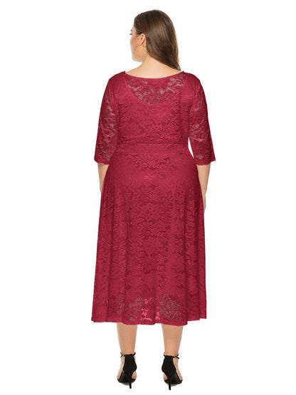 Cocktail Dresses- Cocktail Curvy Tea-length Lace Dress- - IndioGear Women Clothing