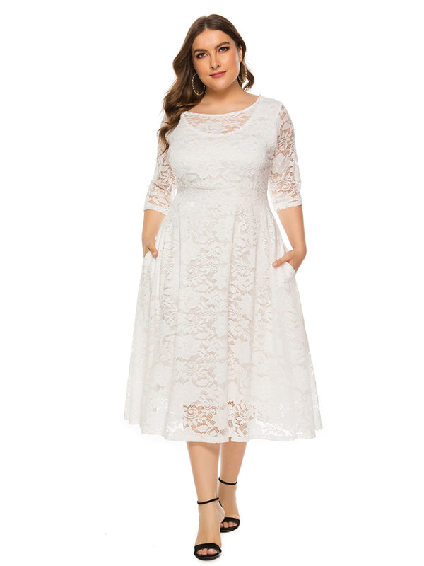 Cocktail Dresses- Cocktail Curvy Tea-length Lace Dress- White- IndioGear Women Clothing