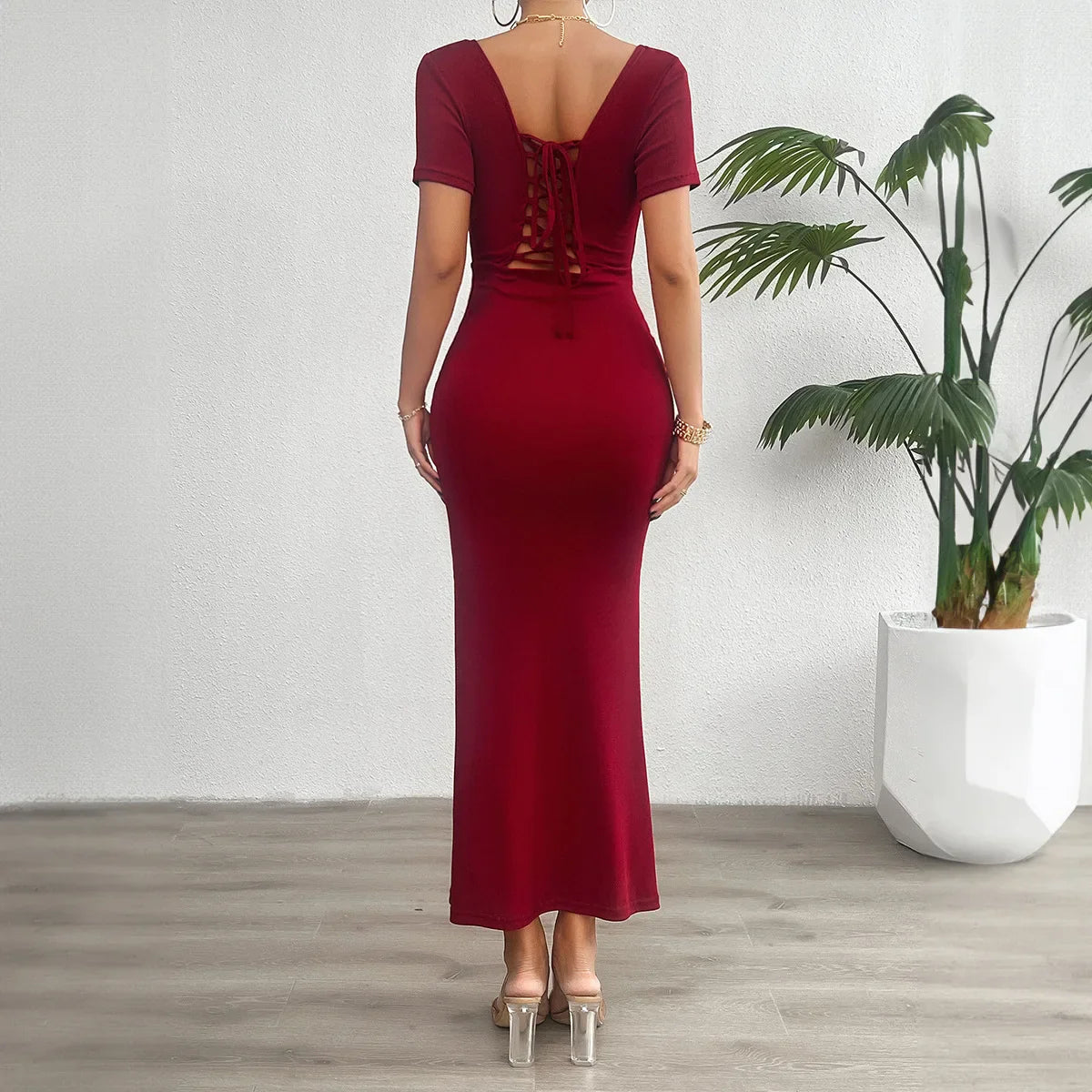 Elegant Cocktail Lace-Up Square Neck Mermaid Midi Dress