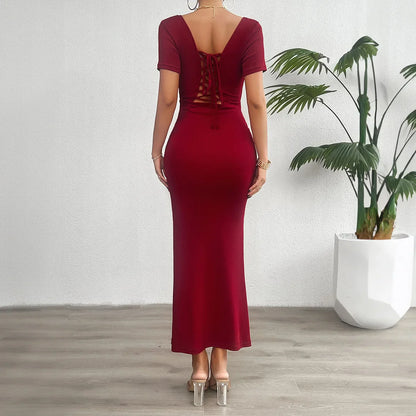 Elegant Cocktail Lace-Up Square Neck Mermaid Midi Dress