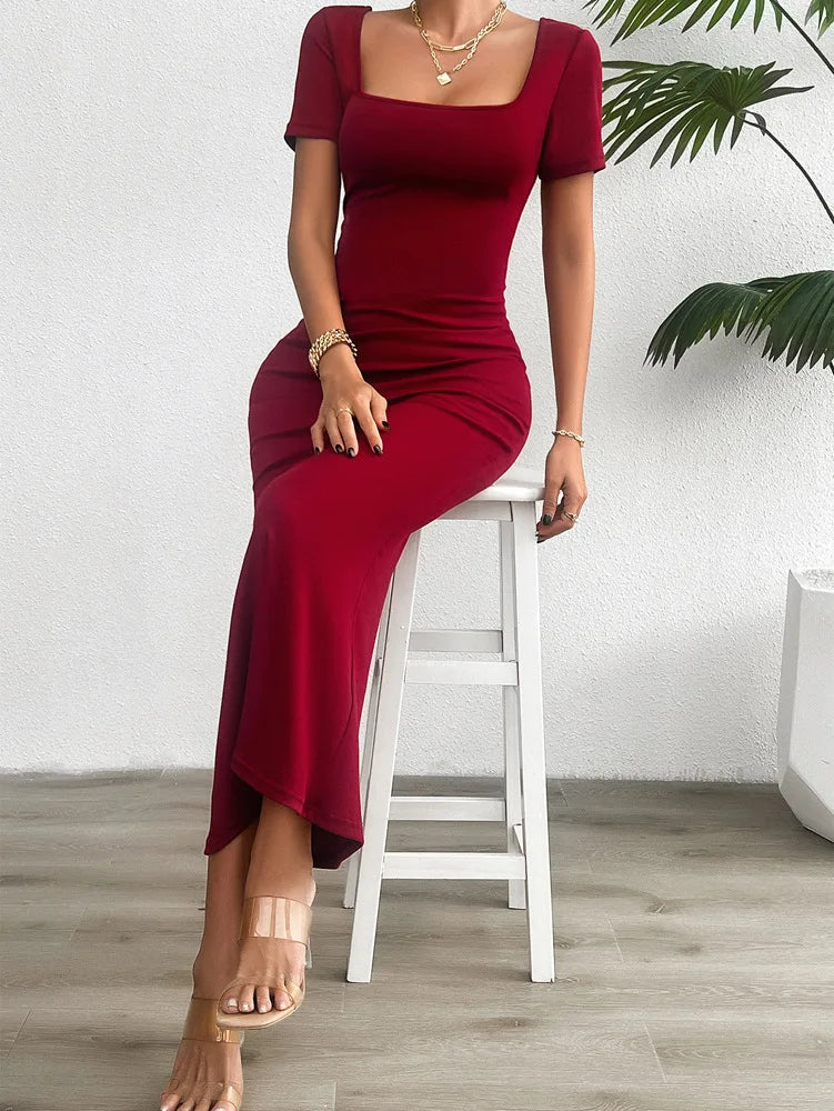 Elegant Cocktail Lace-Up Square Neck Mermaid Midi Dress