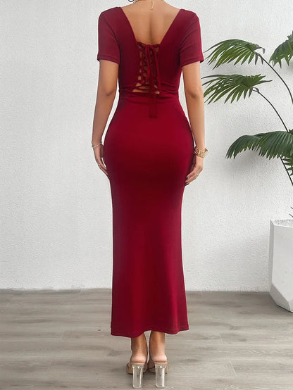 Elegant Cocktail Lace-Up Square Neck Mermaid Midi Dress