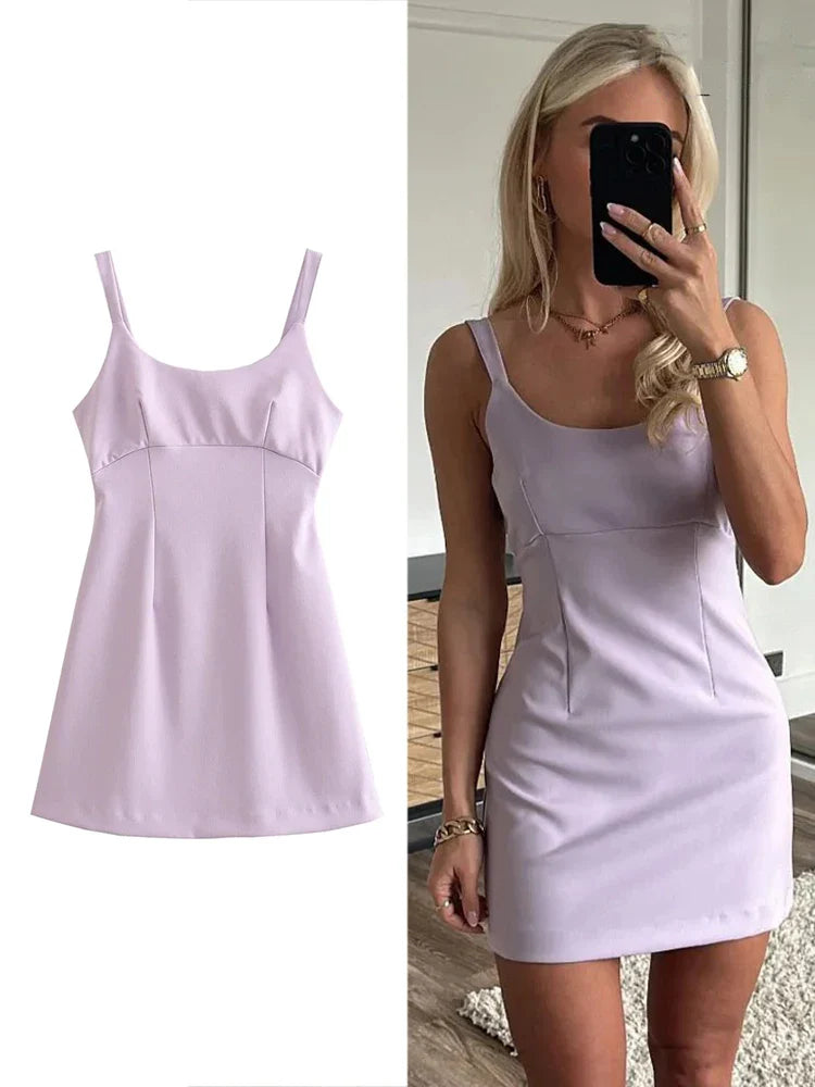 Cocktail Dresses- Elegance Lilac Square Neck Mini Dress- - IndioGear.com