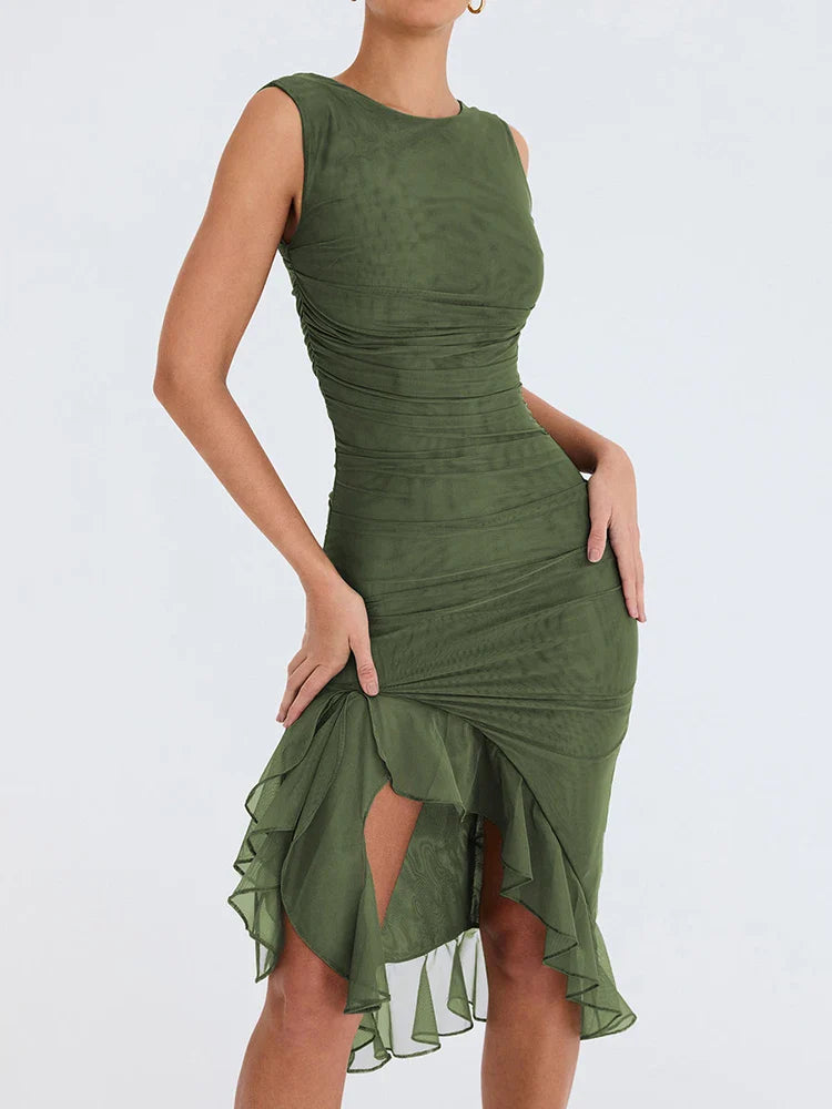 Cocktail Dresses- Elegant Asymmetry Ruched & Ruffled Bodycon Dress for Cocktail Parties- - IndioGear.com