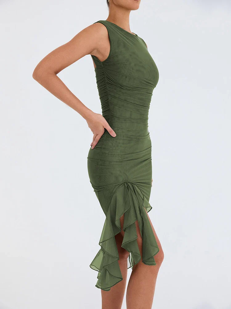 Cocktail Dresses- Elegant Asymmetry Ruched & Ruffled Bodycon Dress for Cocktail Parties- - IndioGear.com