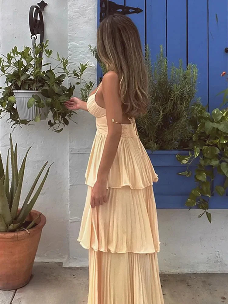 Cocktail Dresses- Formal Summer Peach Tiered Maxi Dress – Modern and Chic- - IndioGear