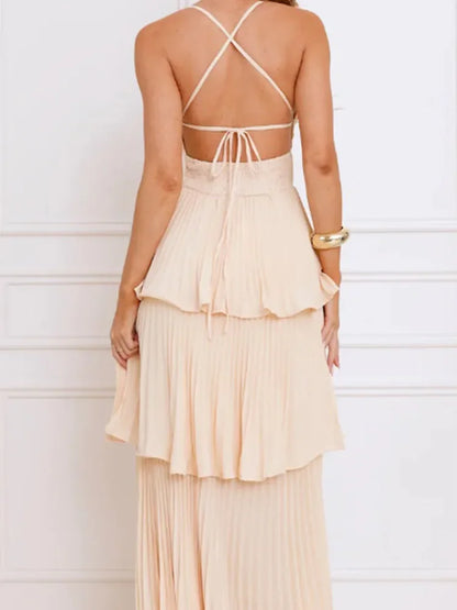 Cocktail Dresses- Formal Summer Peach Tiered Maxi Dress – Modern and Chic- - IndioGear