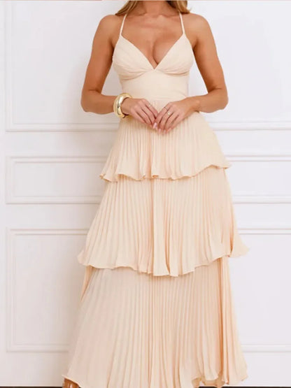 Cocktail Dresses- Formal Summer Peach Tiered Maxi Dress – Modern and Chic- - IndioGear