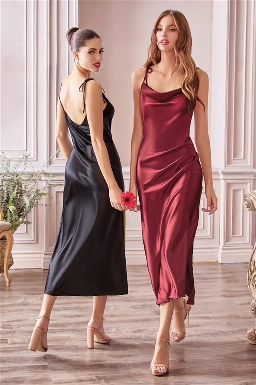 Cocktail Dresses- Elegant Cowl Neck Satin Bridesmaid Dress with Side Slit- - IndioGear.com