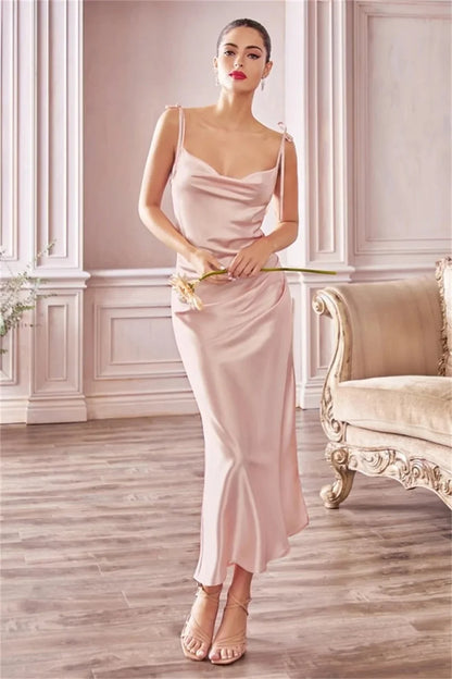 Cocktail Dresses- Elegant Cowl Neck Satin Bridesmaid Dress with Side Slit- - IndioGear.com