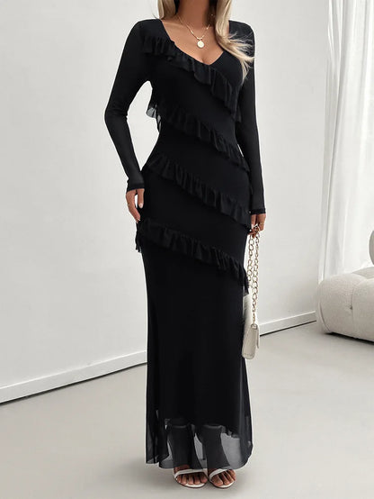 Cocktail Dresses- Elegant Fall Ruffle-Tiered Maxi Dress for Formal Evenings- Black- IndioGear.com