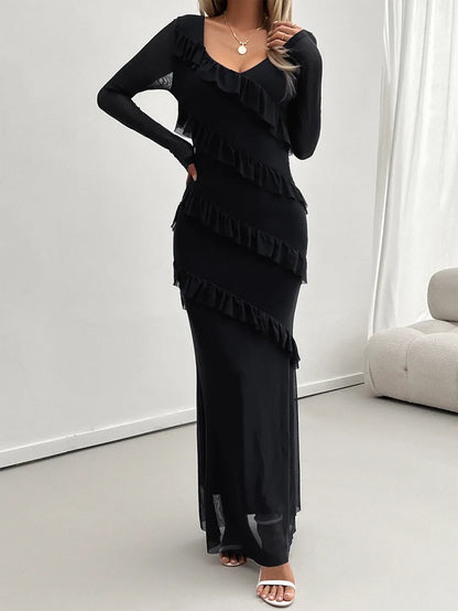 Cocktail Dresses- Elegant Fall Ruffle-Tiered Maxi Dress for Formal Evenings- - IndioGear.com