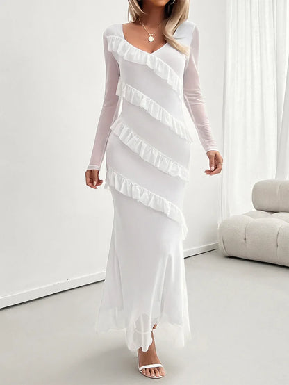 Cocktail Dresses- Elegant Fall Ruffle-Tiered Maxi Dress for Formal Evenings- White- IndioGear.com