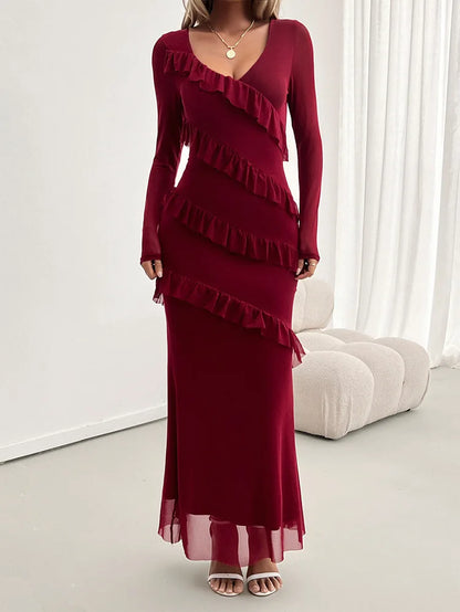 Cocktail Dresses- Elegant Fall Ruffle-Tiered Maxi Dress for Formal Evenings- Burgundy- IndioGear.com