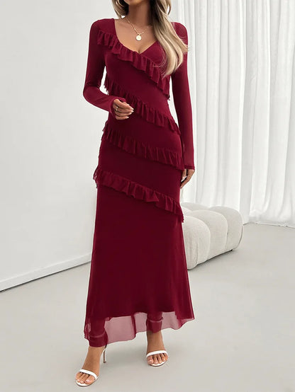 Cocktail Dresses- Elegant Fall Ruffle-Tiered Maxi Dress for Formal Evenings- - IndioGear.com