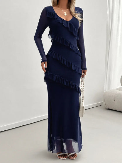 Cocktail Dresses- Elegant Fall Ruffle-Tiered Maxi Dress for Formal Evenings- - IndioGear.com