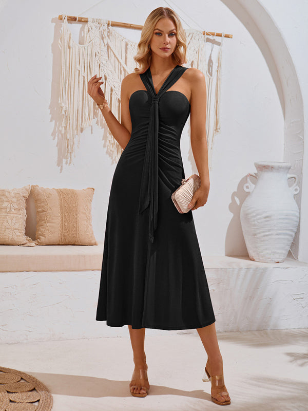 Cocktail Dresses- Elegant Gathered A-Line Knot Tea Dress- Black- IndioGear.com