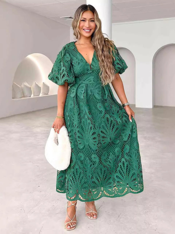 Cocktail Dresses- Elegant Lace Overlay Cocktail Maxi Dress- Green- IndioGear Women Clothing