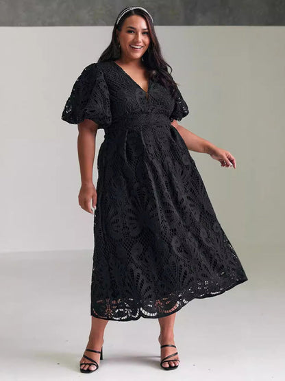 Cocktail Dresses- Elegant Lace Overlay Cocktail Maxi Dress- Black- IndioGear Women Clothing