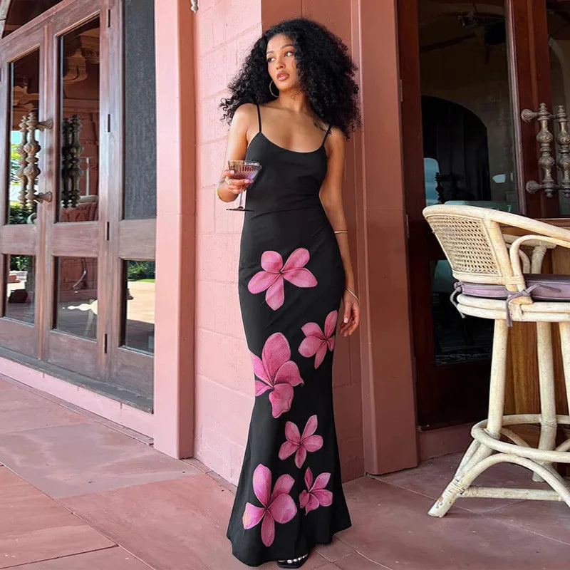 Cocktail Dresses- Elegant Mermaid Floral Dress for Cocktails- Black- IndioGear.com