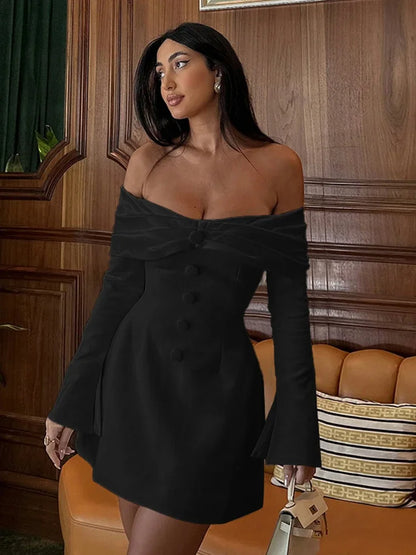 Cocktail Dresses- Elegant Off-Shoulder Button-Front Mini Dress- - IndioGear.com