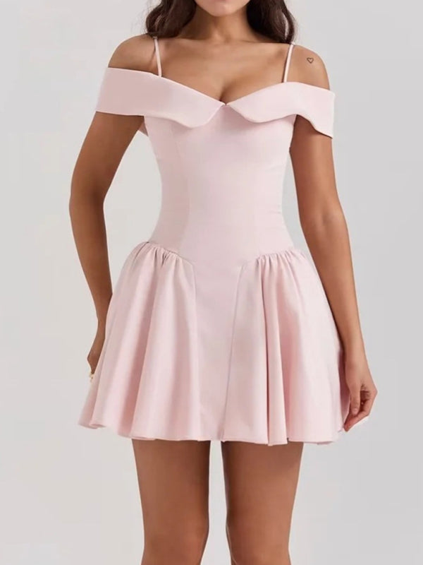 Cocktail Dresses- Elegant Off-Shoulder Fit & Flare Dress for Summer Events- Pink- IndioGear Fashion and Gear