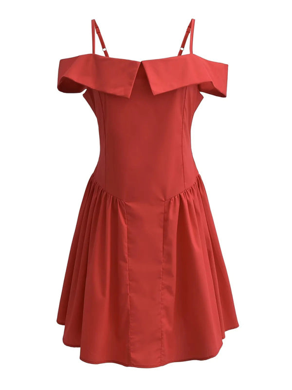 Cocktail Dresses- Elegant Off-Shoulder Fit & Flare Dress for Summer Events- Red- IndioGear Fashion and Gear