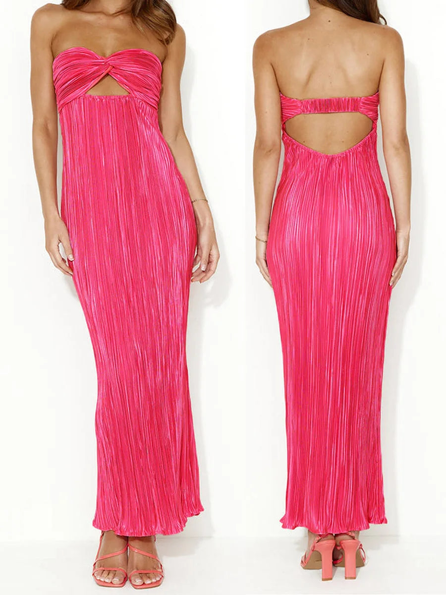 Cocktail Dresses- Elegant Pink Pleated Maxi Dress for Special Occasions- - IndioGear.com