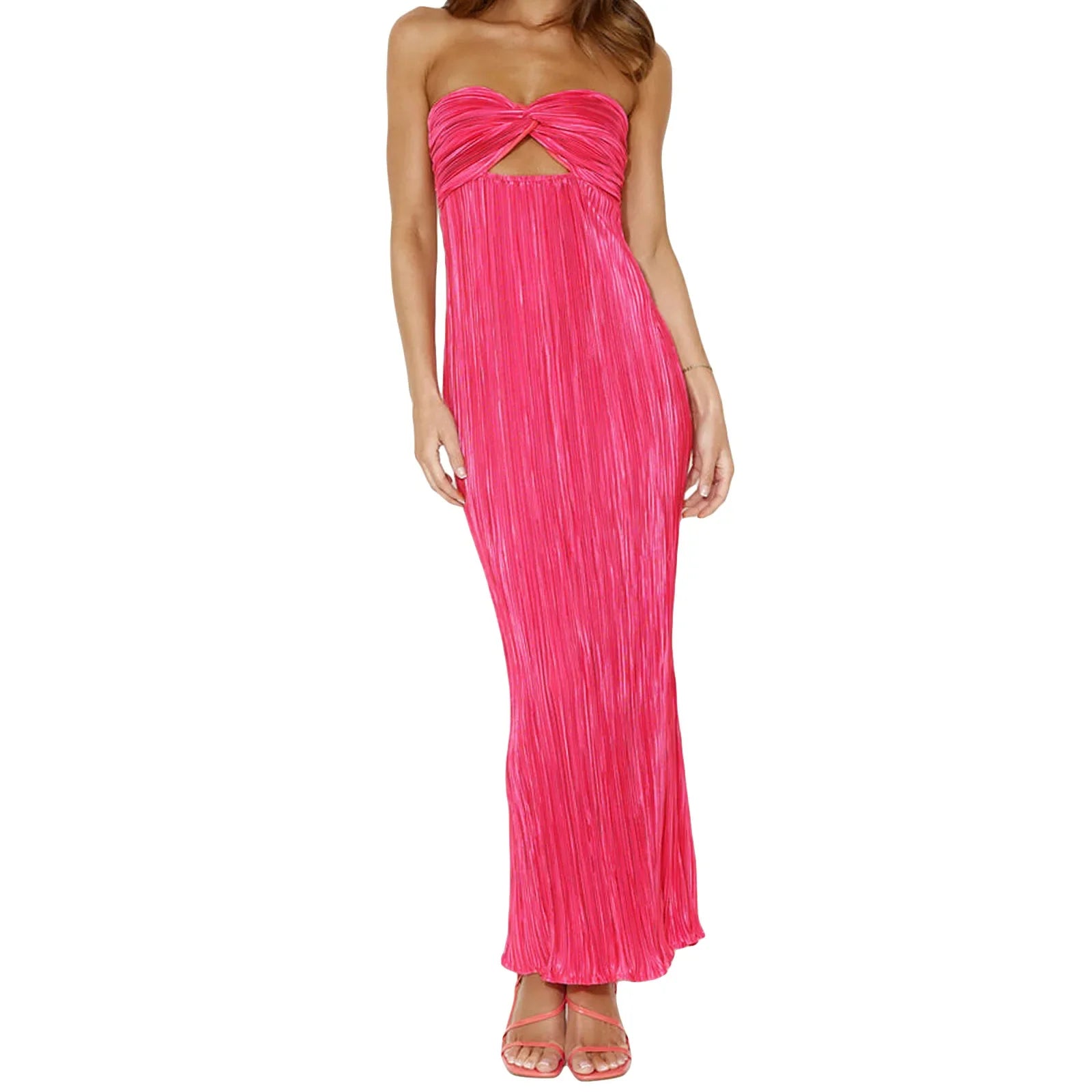 Cocktail Dresses- Elegant Pink Pleated Maxi Dress for Special Occasions- Pink- IndioGear.com