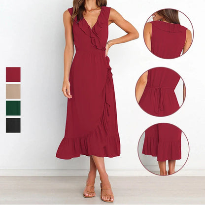 Cocktail Dresses- Elegant Ruffled V-neck Wrap-Style Cocktail Dress- - IndioGear.com