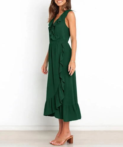 Cocktail Dresses- Elegant Ruffled V-neck Wrap-Style Cocktail Dress- - IndioGear.com