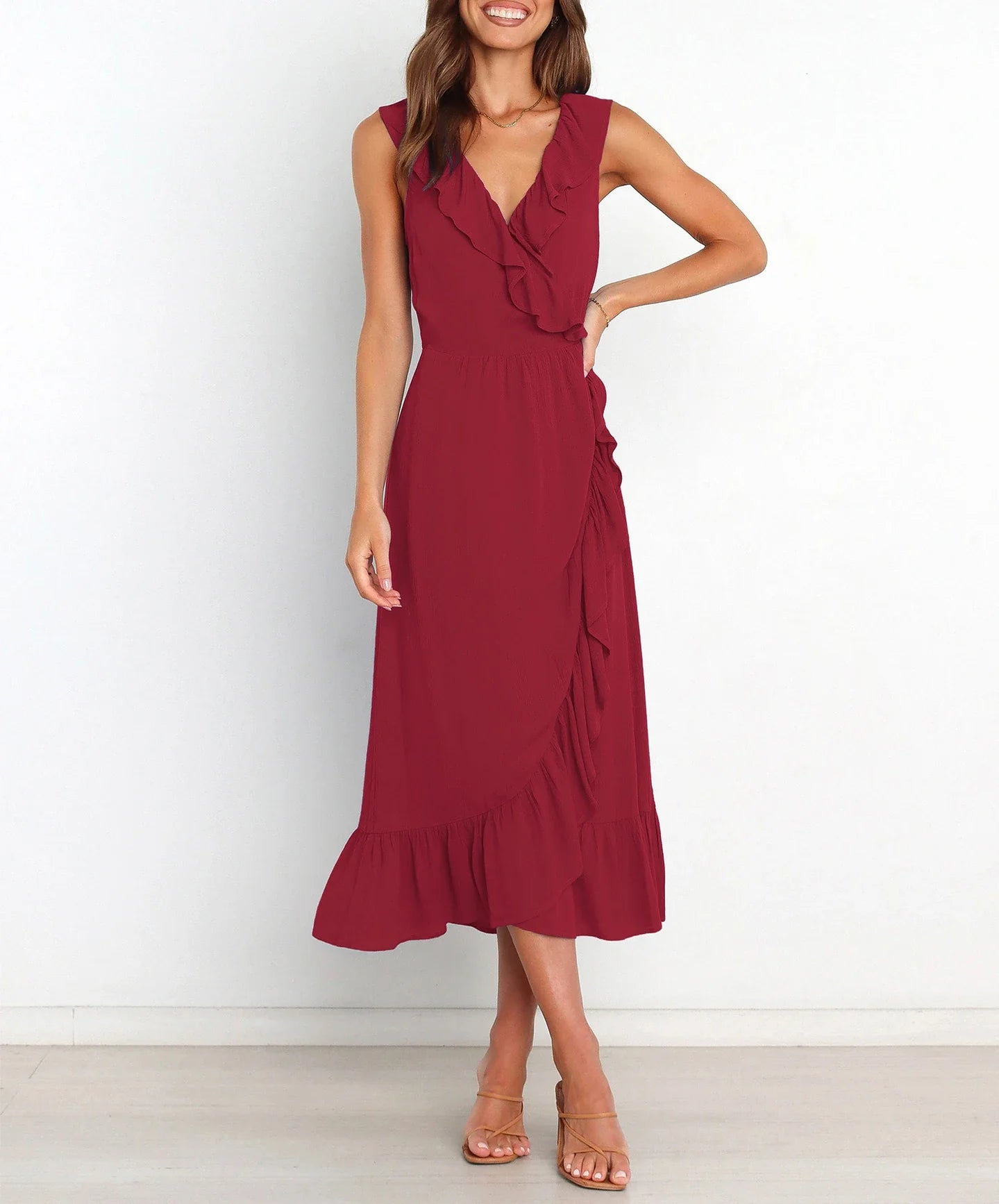 Cocktail Dresses- Elegant Ruffled V-neck Wrap-Style Cocktail Dress- Red- IndioGear.com