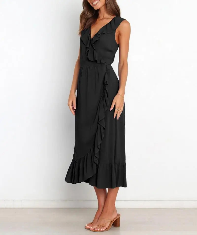 Cocktail Dresses- Elegant Ruffled V-neck Wrap-Style Cocktail Dress- - IndioGear.com